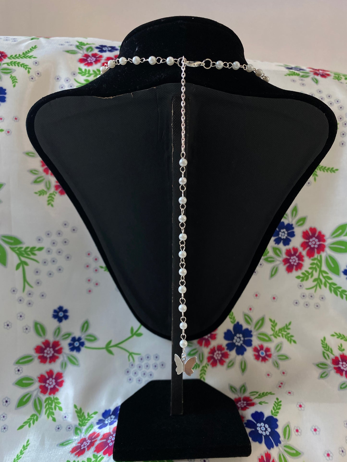 SCN409 Sparkle Glass Pearl Chain Necklace Heart Pendent