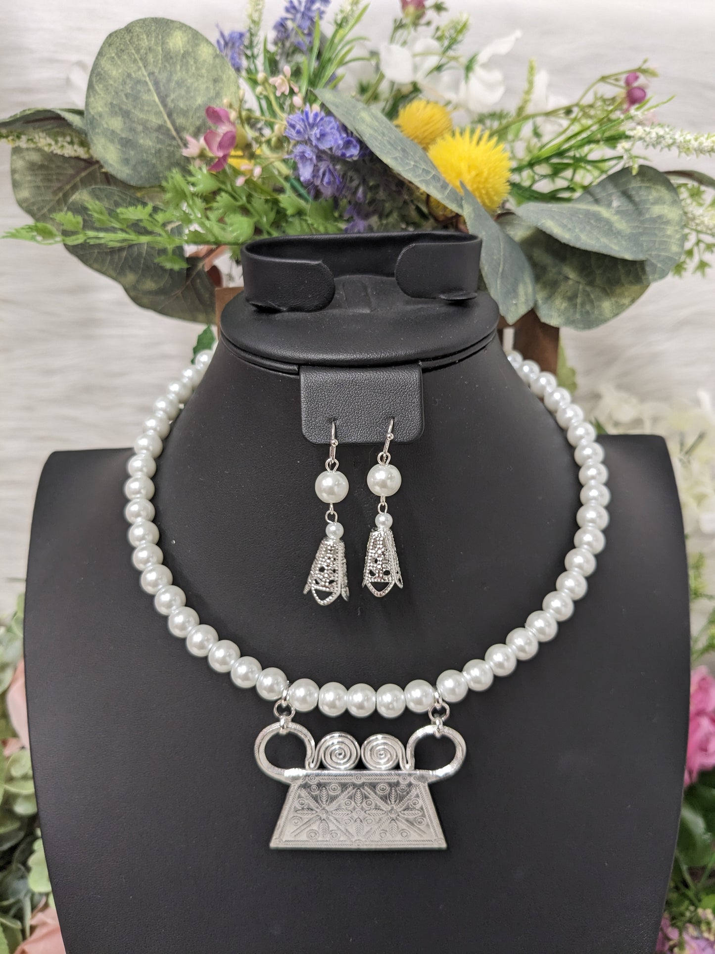 Trendy Glass Pearl Necklace w/ Hmong Phiaj Pendent