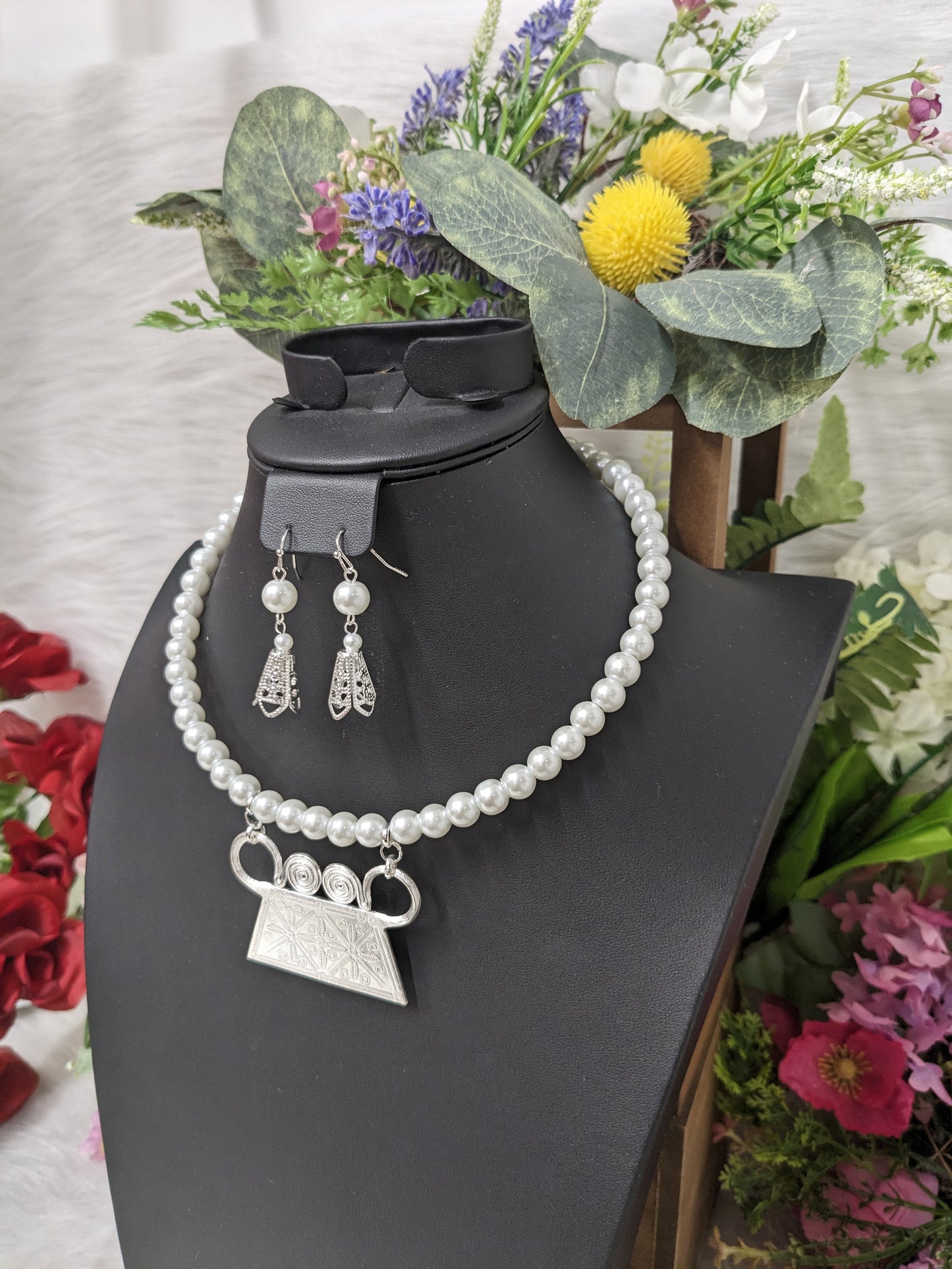 Trendy Glass Pearl Necklace w/ Hmong Phiaj Pendent