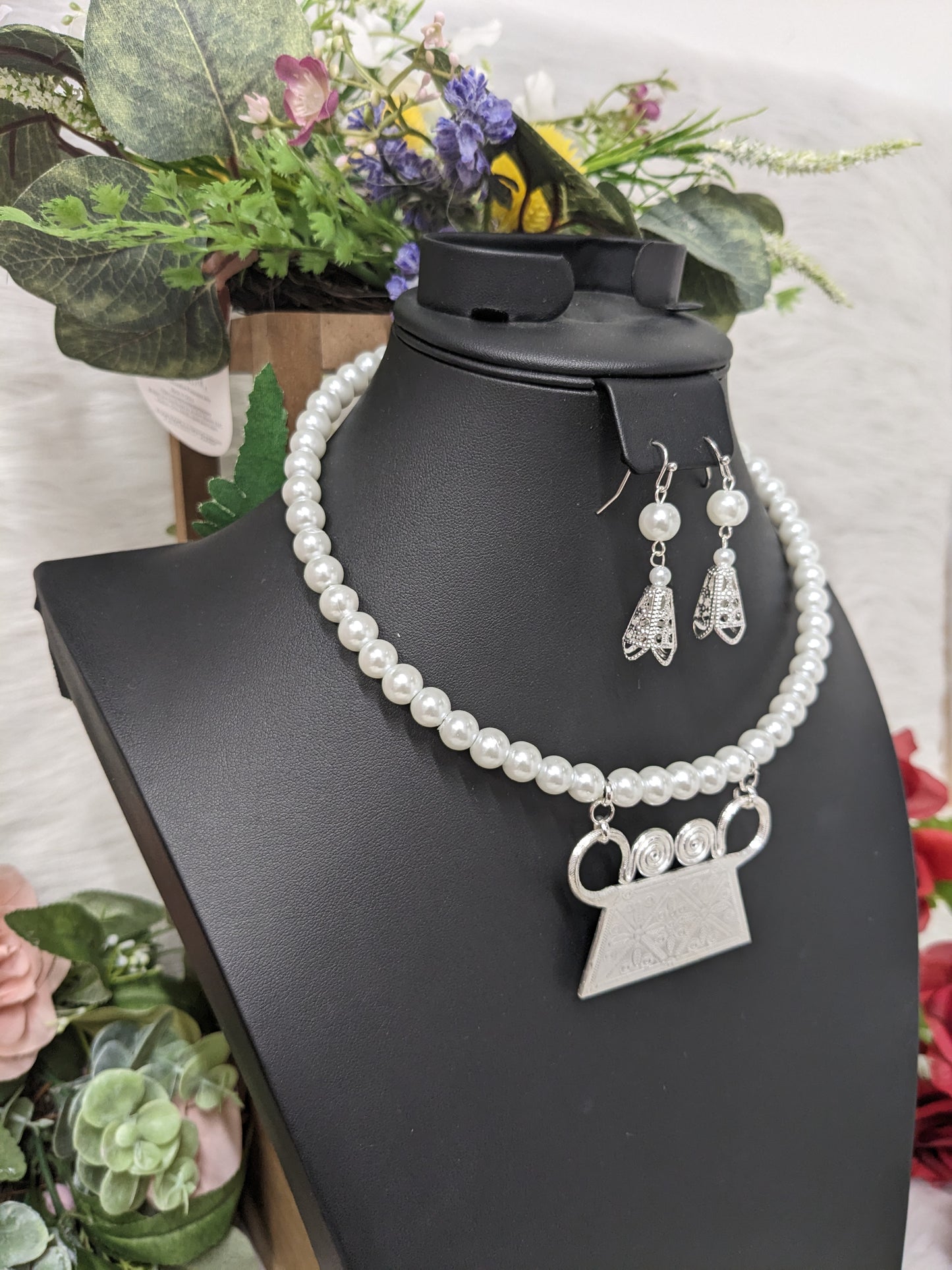 Trendy Glass Pearl Necklace w/ Hmong Phiaj Pendent