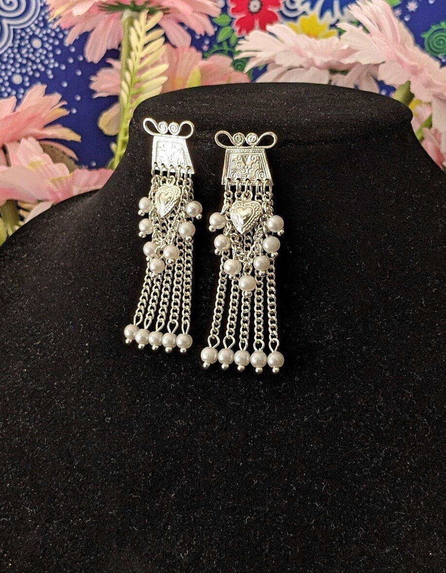 Elegant Silver Heart & Pearl Chain Earrings E230