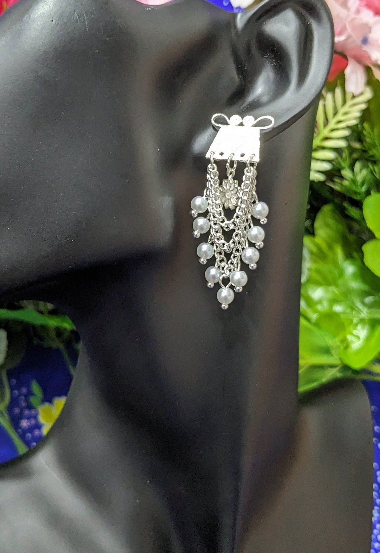 Floral Glass Pearl Chain Earring