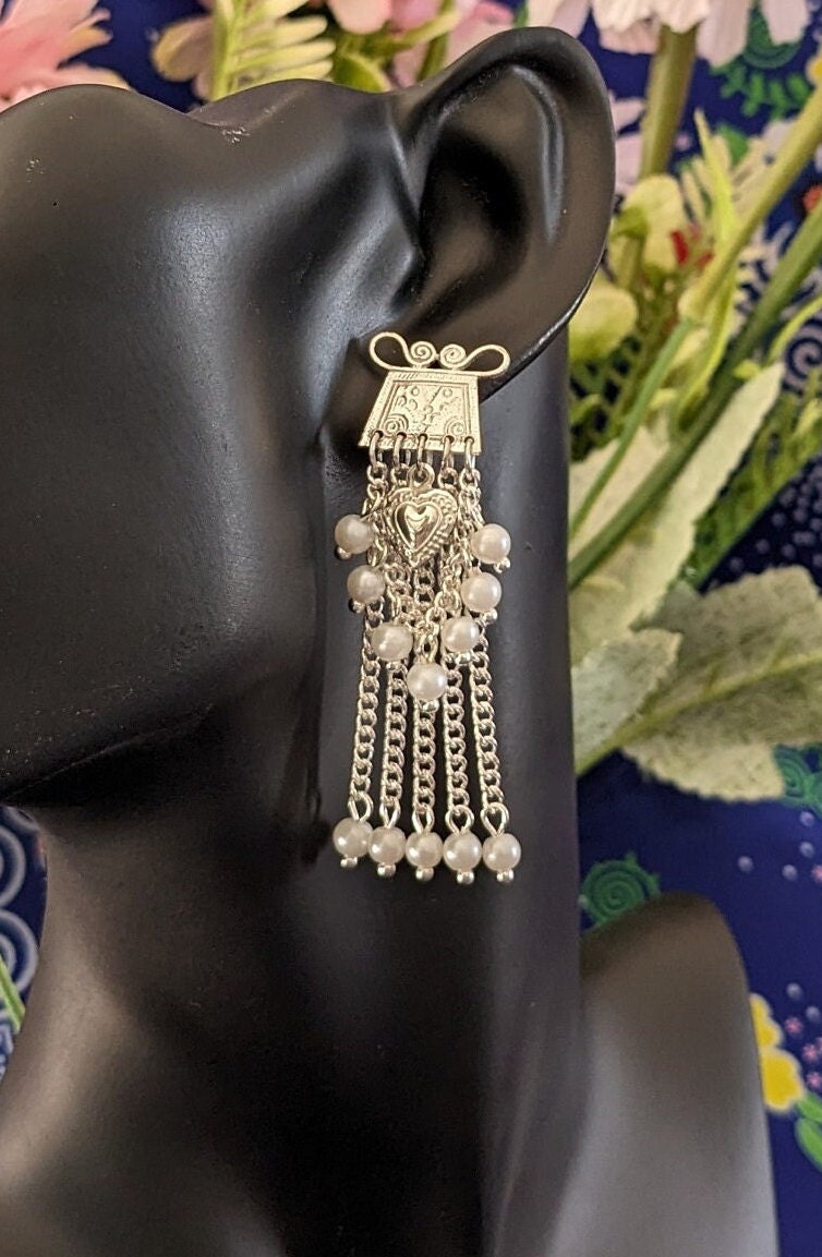 Elegant Silver Heart & Pearl Chain Earrings E230