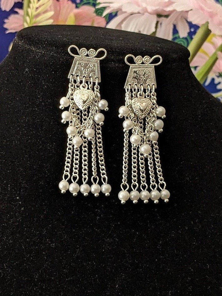Elegant Silver Heart & Pearl Chain Earrings E230